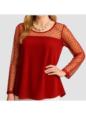 PENNINGTONS Red Mesh Swiss Dot Long Sleeve Peplum Top Plus Size 5X